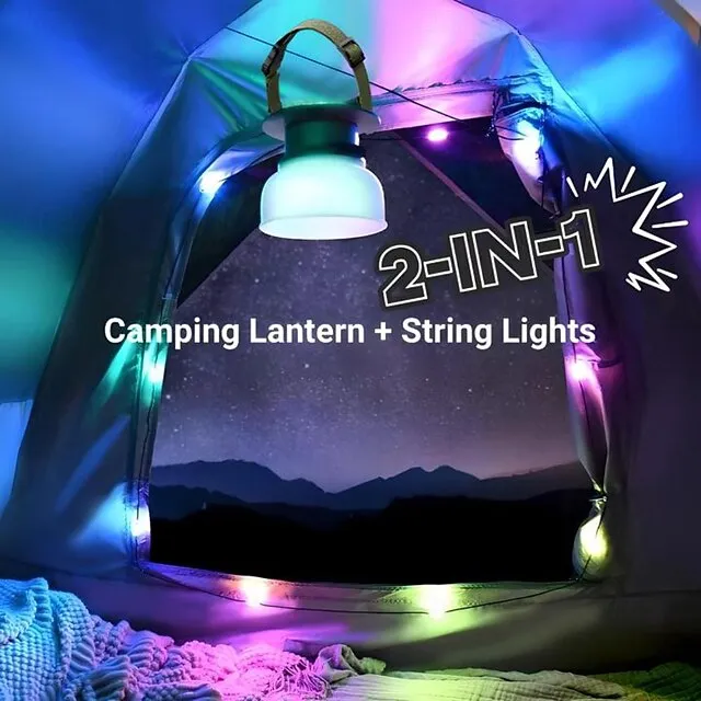 Camping Lantern Solar String Lights Multifunctional Rechargeable Outdoor Tent Camping Light 16.4FT IP65 Waterproof Camping Gear with Rechargeable Emergency for Christmas, Home and Party Decorations