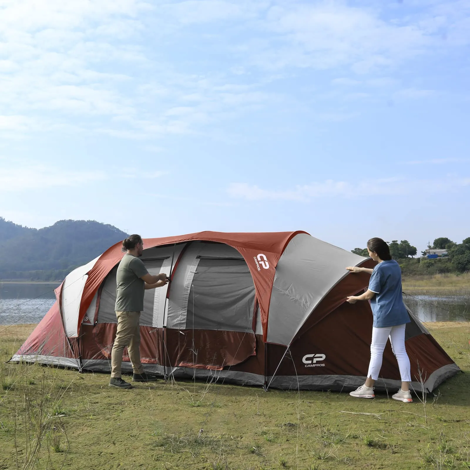 CAMPROS CP Tent 12 Person Camping Tents, 2 Room Weather Resistant Family Cabin Tent, 6 Large Mesh Windows, Double Layer, Divided Curtain for Separated Room, Portable with Carry Bag 12 Person Red