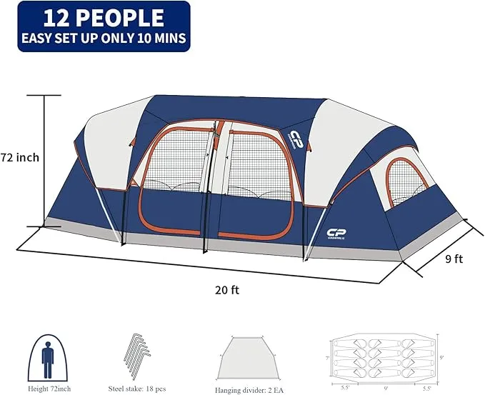 CAMPROS CP Tent 12 Person Camping Tents, 2 Room Weather Resistant Family Cabin Tent, 6 Large Mesh Windows, Double Layer, Divided Curtain for Separated Room, Portable with Carry Bag
