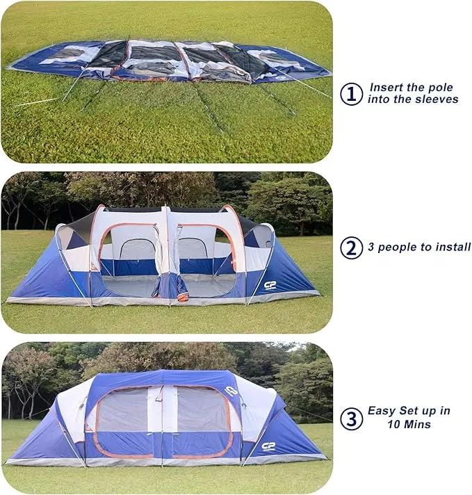 CAMPROS CP Tent 12 Person Camping Tents, 2 Room Weather Resistant Family Cabin Tent, 6 Large Mesh Windows, Double Layer, Divided Curtain for Separated Room, Portable with Carry Bag