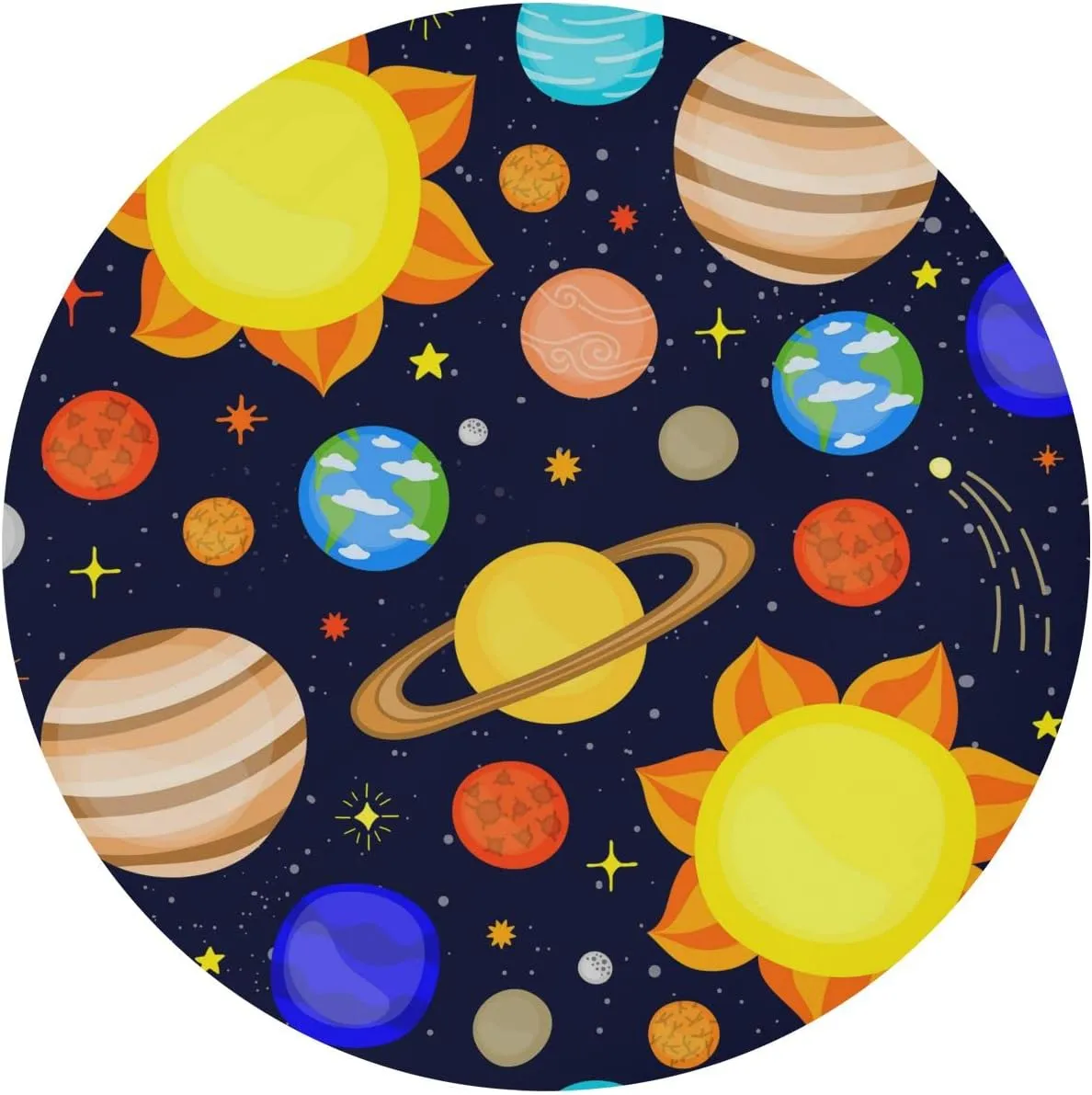 Cartoon Planets of the Solar System Cute Dark Blue Seamless Pattern Round Table Cover with Elastic Edge Bands Waterproof Square Table Cloths for Party Home Kitchen Dining Wedding (S) 40-48 inch