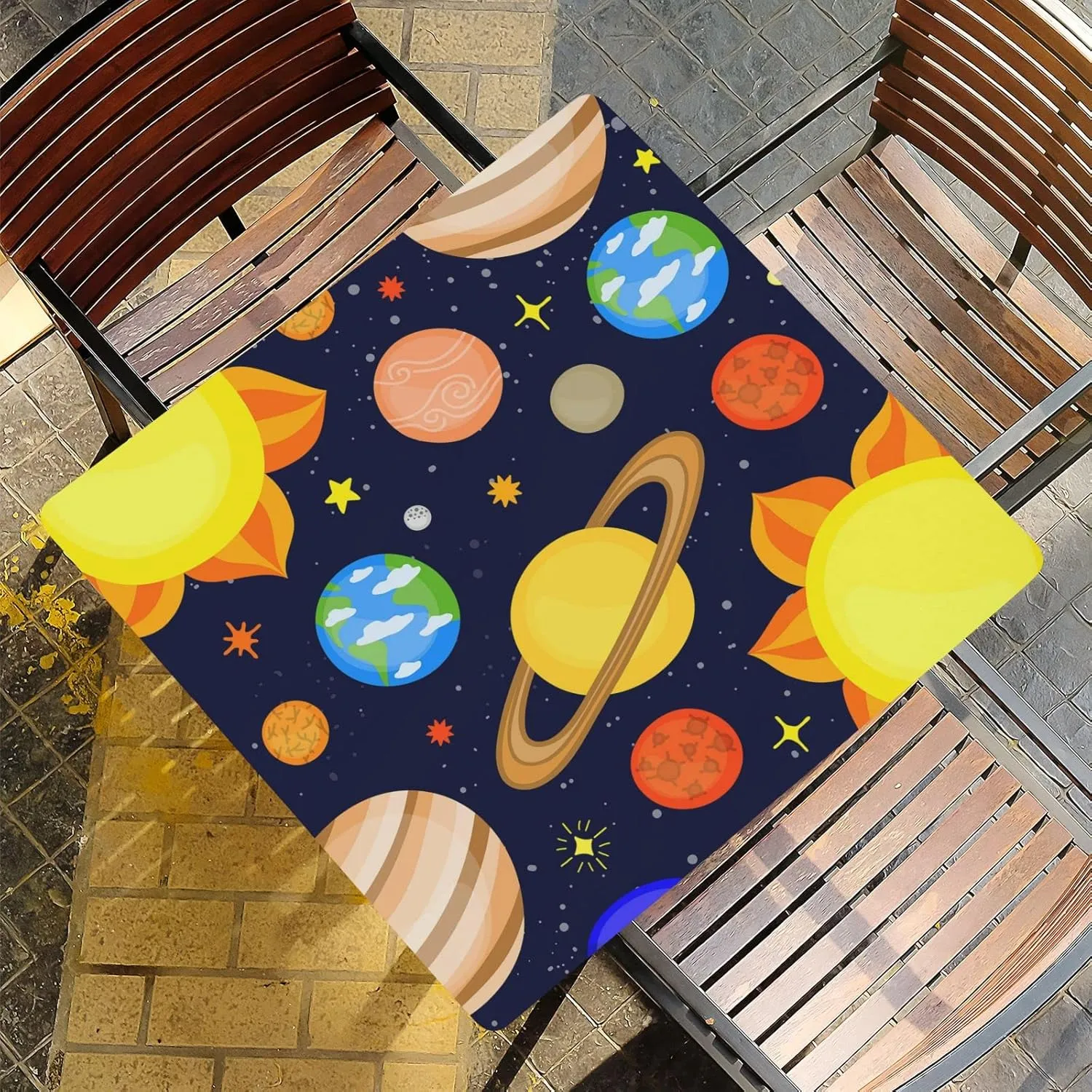 Cartoon Planets of the Solar System Cute Dark Blue Seamless Pattern Round Table Cover with Elastic Edge Bands Waterproof Square Table Cloths for Party Home Kitchen Dining Wedding (S) 40-48 inch