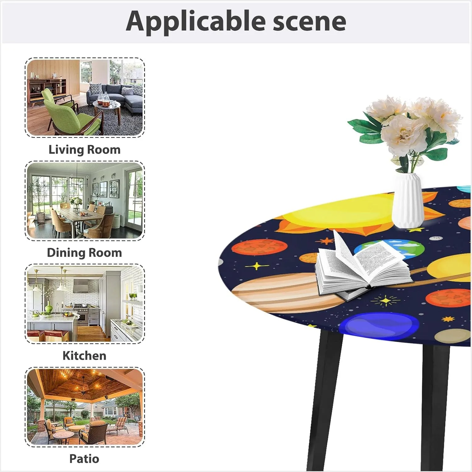 Cartoon Planets of the Solar System Cute Dark Blue Seamless Pattern Round Table Cover with Elastic Edge Bands Waterproof Square Table Cloths for Party Home Kitchen Dining Wedding (S) 40-48 inch