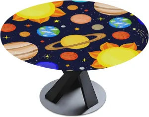 Cartoon Planets of the Solar System Cute Dark Blue Seamless Pattern Round Table Cover with Elastic Edge Bands Waterproof Square Table Cloths for Party Home Kitchen Dining Wedding (S) 40-48 inch