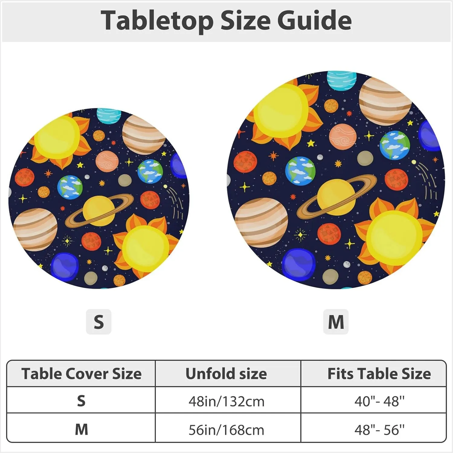 Cartoon Planets of the Solar System Cute Dark Blue Seamless Pattern Round Table Cover with Elastic Edge Bands Waterproof Square Table Cloths for Party Home Kitchen Dining Wedding (S) 40-48 inch
