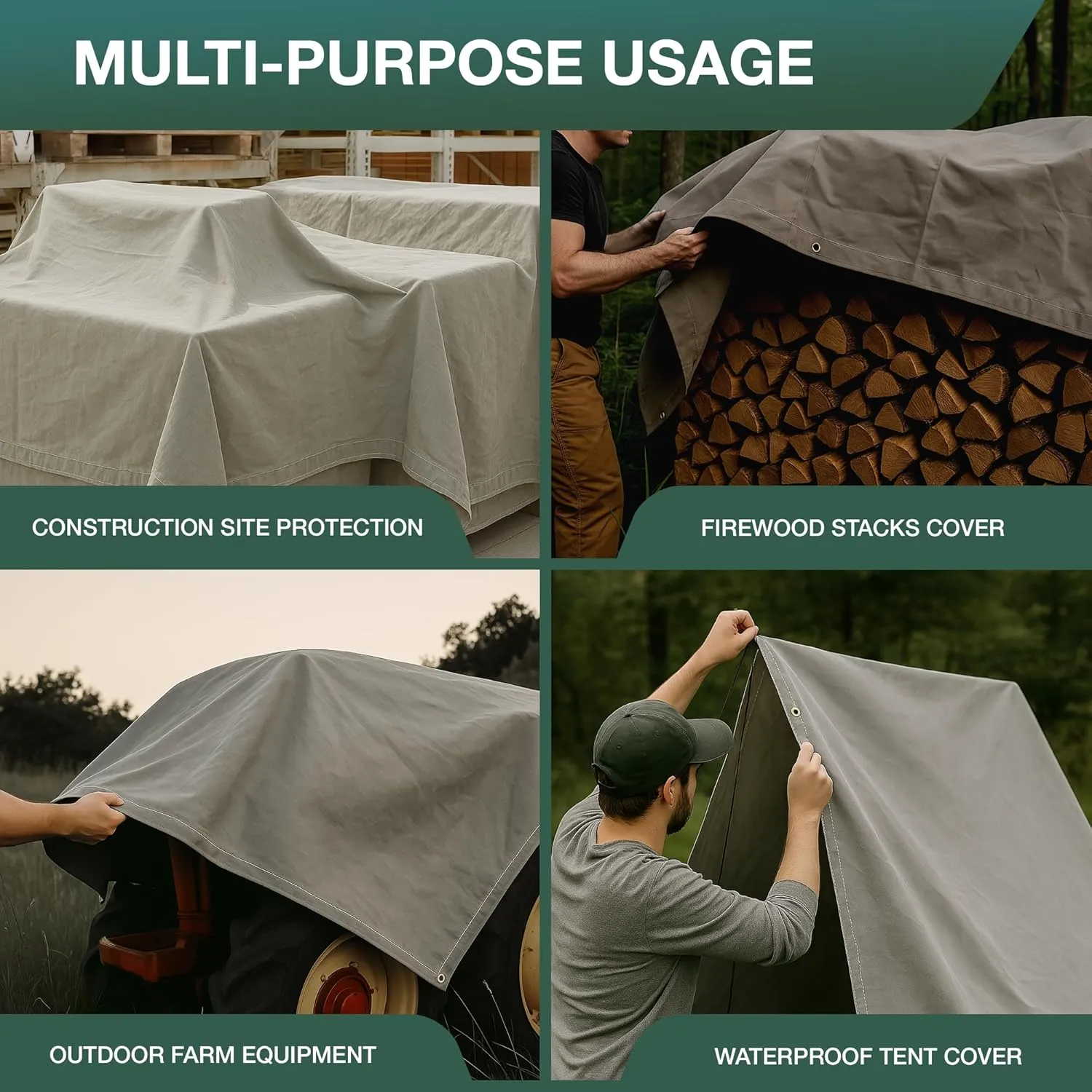 CCS Waterproof Canvas Tarp Cover – Heavy Duty Duck Cloth, Waxed Canvas Tarpaulin with Rustproof Brass Grommets for Camping, Construction, Equipment & Outdoor Use (Grey, 5x7 Ft)