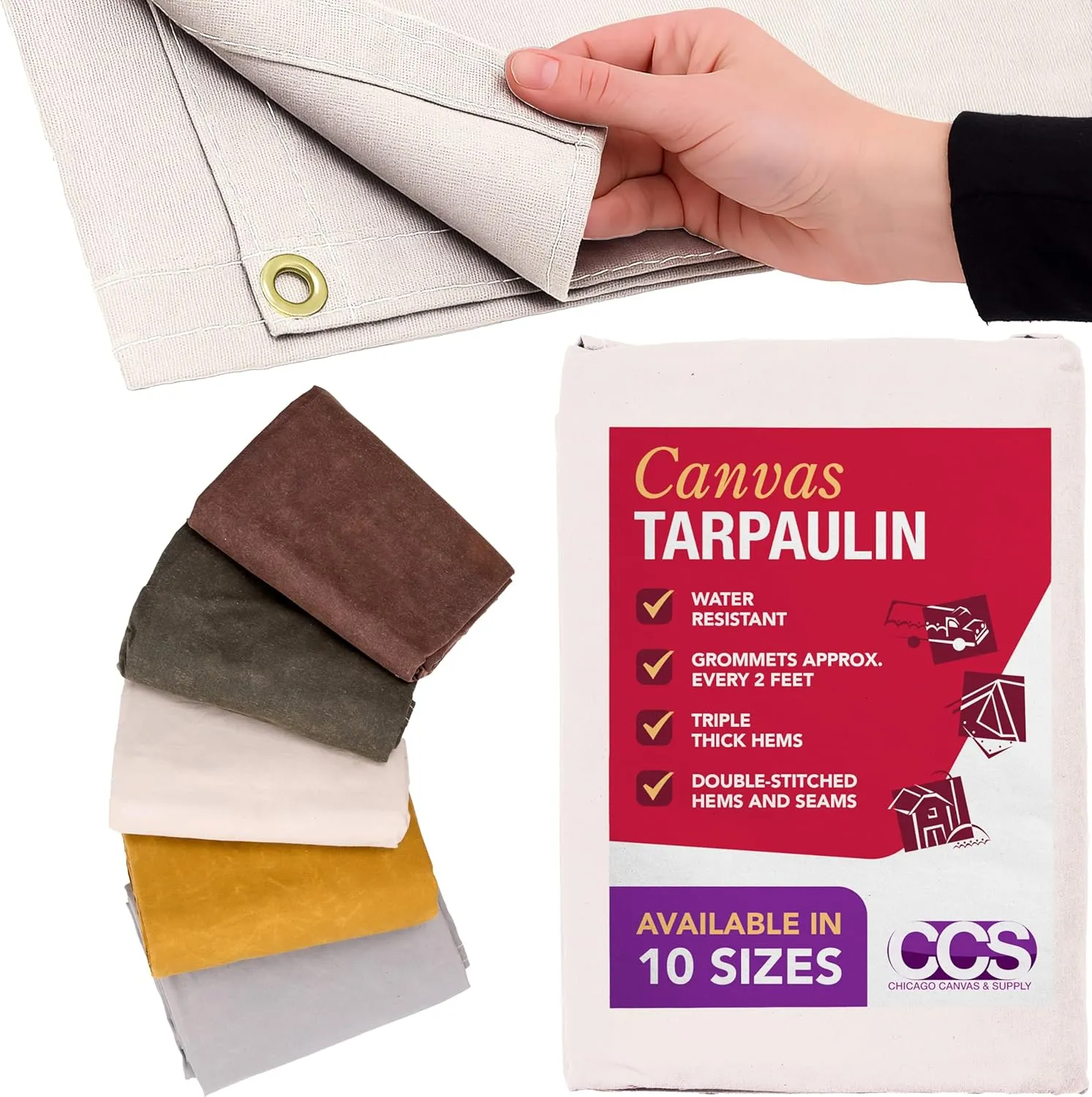 CCS Waterproof Canvas Tarp Cover – Heavy Duty Duck Cloth, Waxed Canvas Tarpaulin with Rustproof Brass Grommets for Camping, Construction, Equipment & Outdoor Use (White, 8x10 Ft)