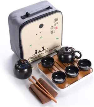 Ceramic Kungfu Tea Set,Portable Travel Tea Set with Teapot,Teacups,Tea Canister,Tea Tray and Travel Bag,Suitable for Travel, Home,Outdoor and Office (Black)
