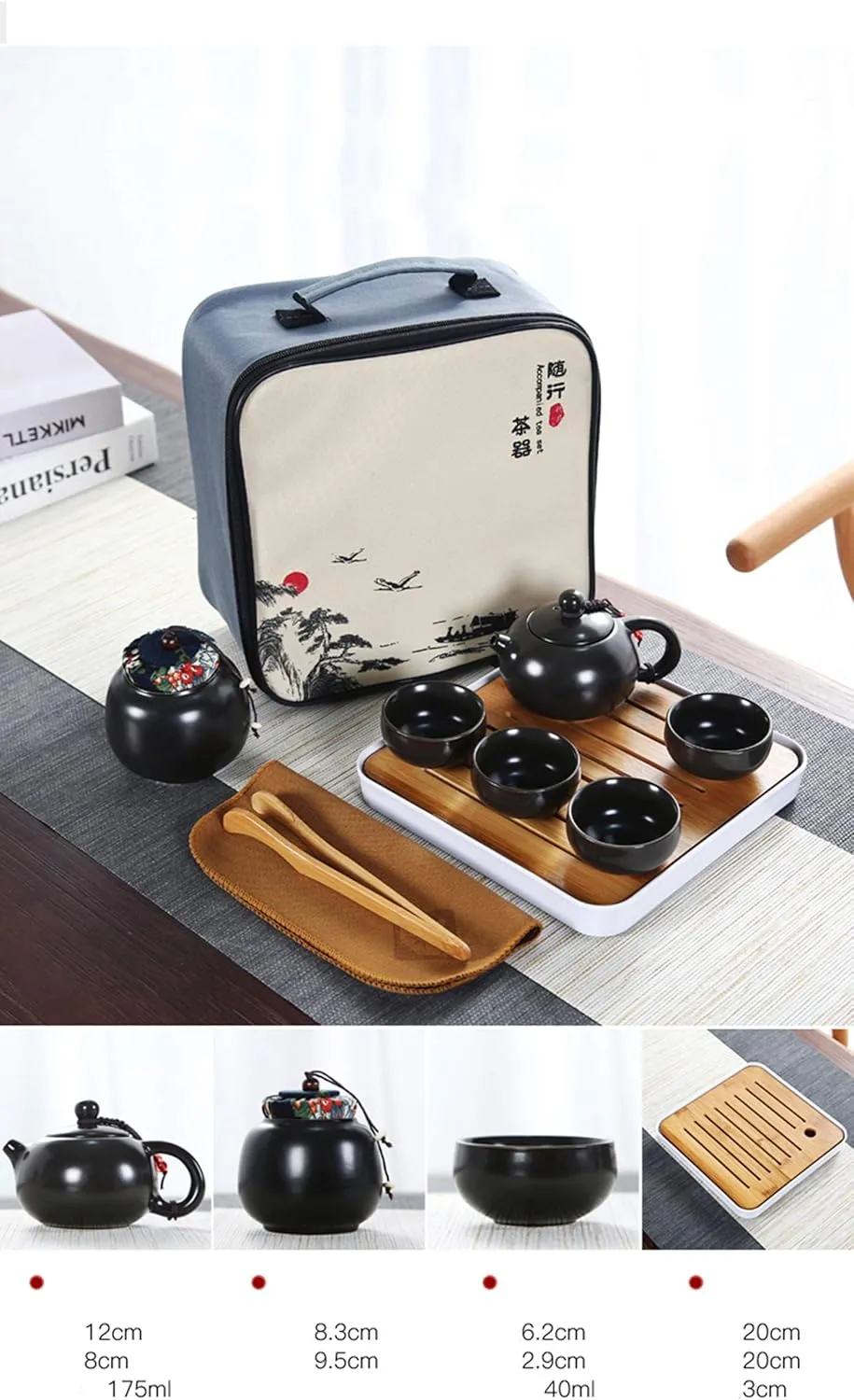 Ceramic Kungfu Tea Set,Portable Travel Tea Set with Teapot,Teacups,Tea Canister,Tea Tray and Travel Bag,Suitable for Travel, Home,Outdoor and Office (Black)