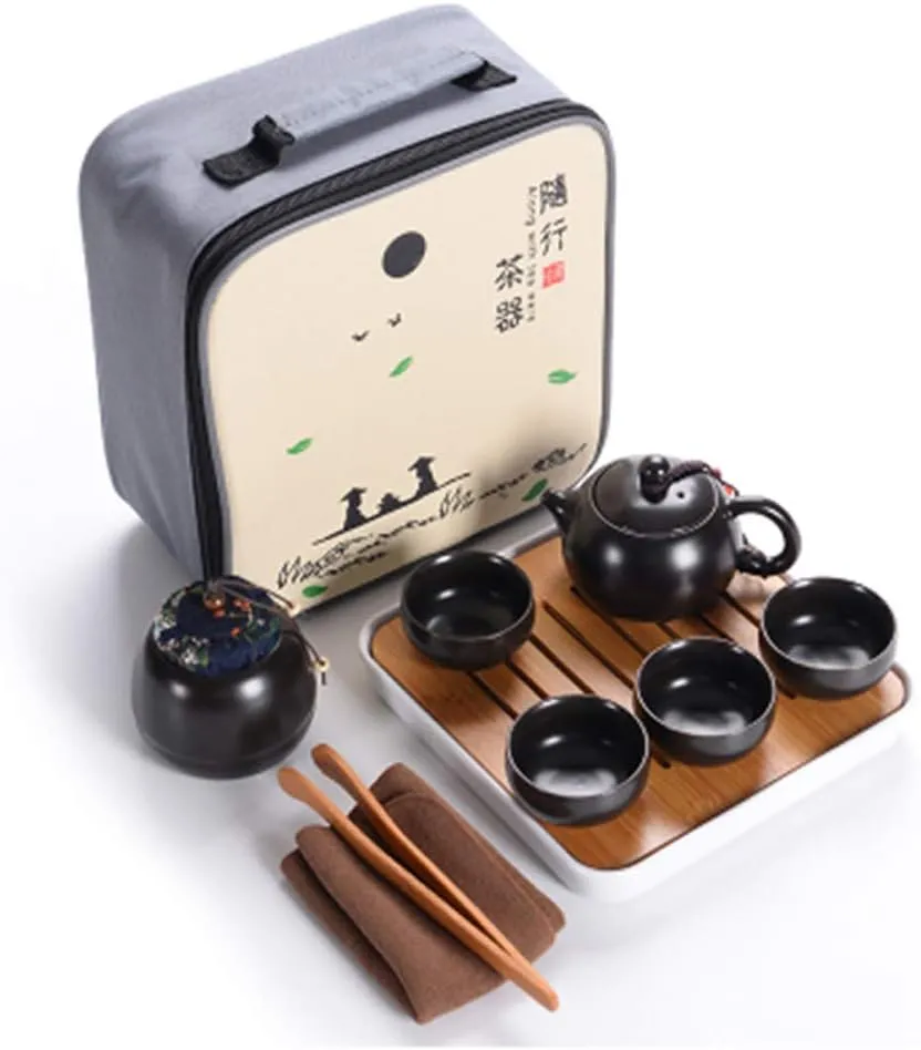 Ceramic Kungfu Tea Set,Portable Travel Tea Set with Teapot,Teacups,Tea Canister,Tea Tray and Travel Bag,Suitable for Travel, Home,Outdoor and Office (Black)