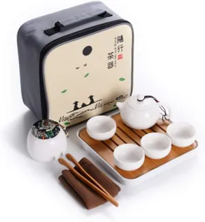 Ceramic Kungfu Tea Set,Portable Travel Tea Set with Teapot,Teacups,Tea Canister,Tea Tray and Travel Bag,Suitable for Travel, Home,Outdoor and Office (White)