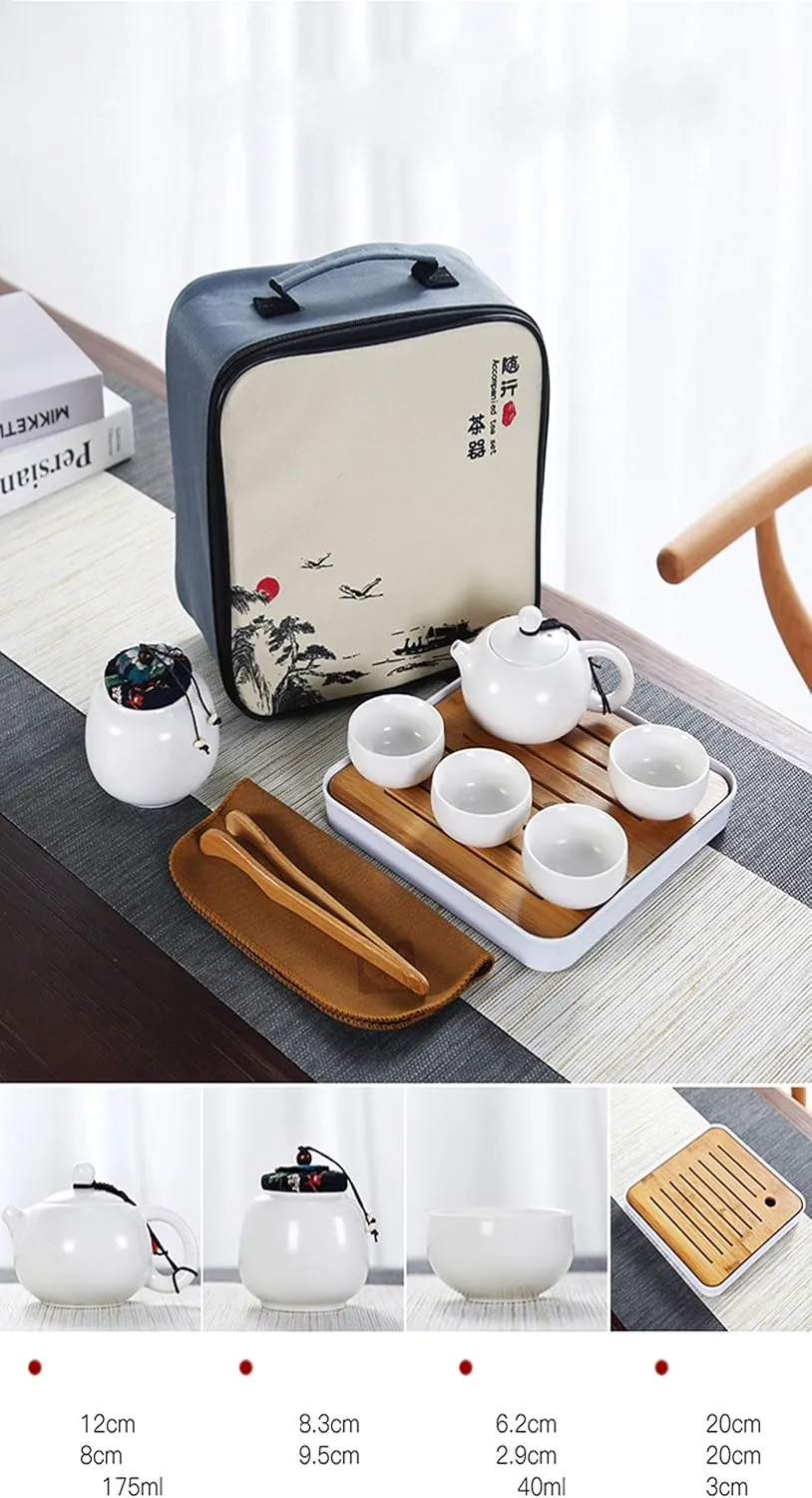 Ceramic Kungfu Tea Set,Portable Travel Tea Set with Teapot,Teacups,Tea Canister,Tea Tray and Travel Bag,Suitable for Travel, Home,Outdoor and Office (White)