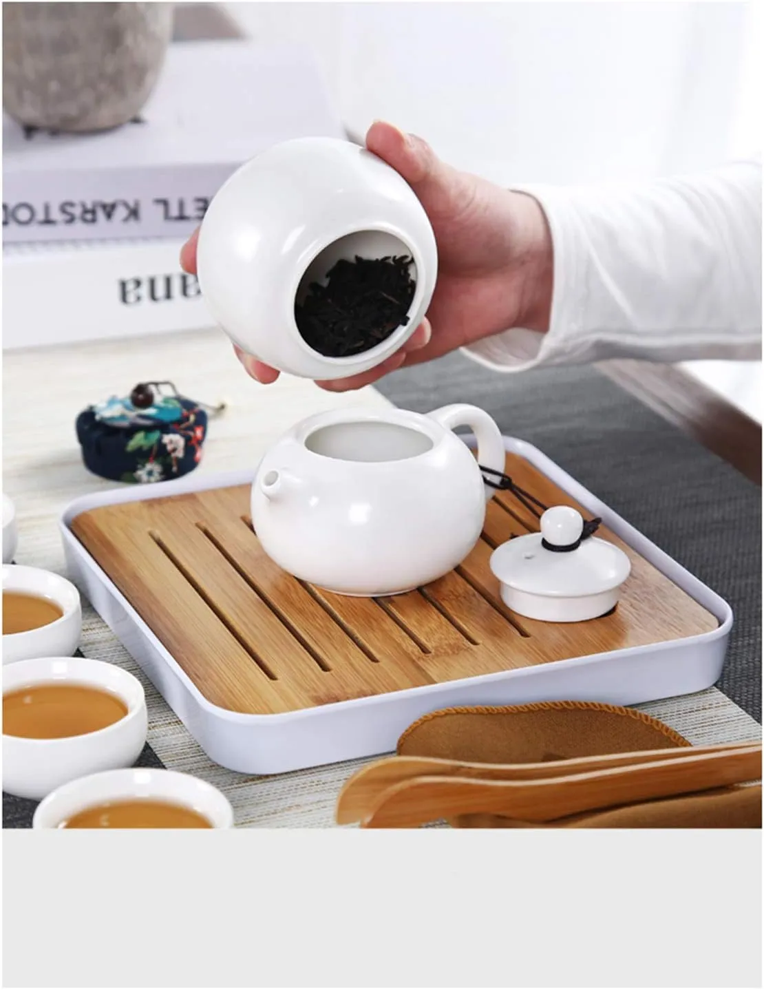 Ceramic Kungfu Tea Set,Portable Travel Tea Set with Teapot,Teacups,Tea Canister,Tea Tray and Travel Bag,Suitable for Travel, Home,Outdoor and Office (White)