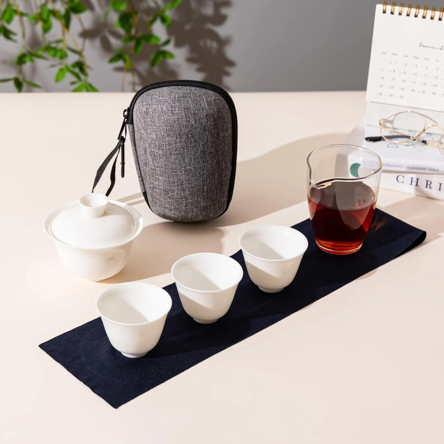 Ceramic Portable Gaiwan Tea Bowl Set,Chinese Suet Jade White Porcelain Brew Tea Maker Cups Set for Home Office Travel Outdoor Business Hotel -White