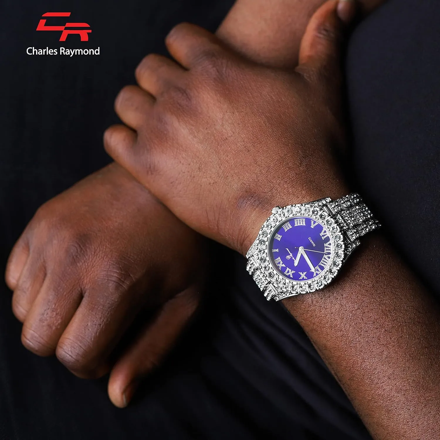 Charles Raymond Bling-ed Out Round Metal Mens Color on Blast Watch with Diamond Time Indicators - Ice on Fire!!! - ST10327DxxS