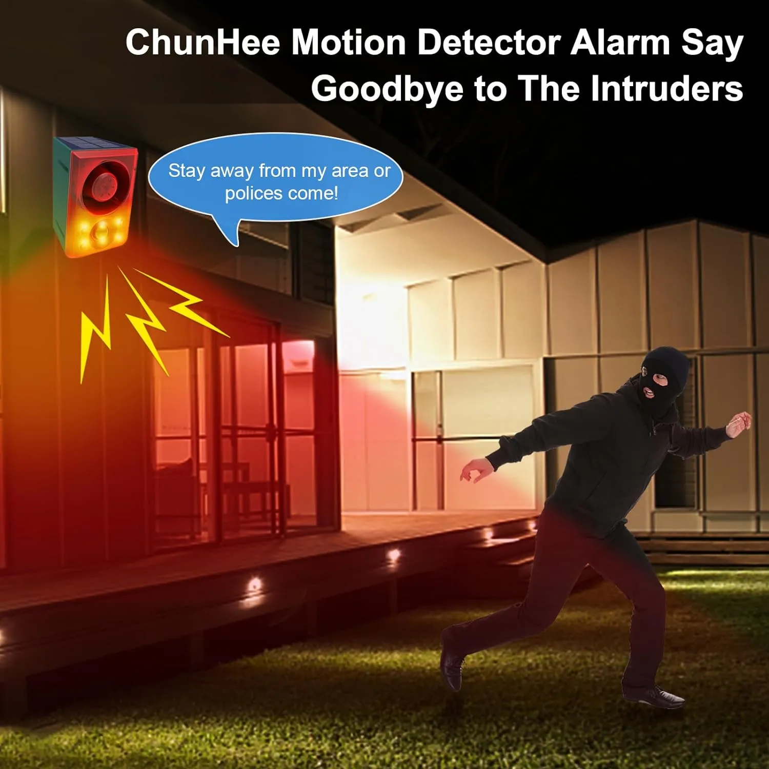 ChunHee Solar Outdoor Motion Sensor Alarm Dog Barking Alarm Motion Detector 130db Loud Noise Maker/Recording and Adjustable Volume/6 Red Motion Activated Strobe Light for Home/Garden/Yard/Farm-2 Pack