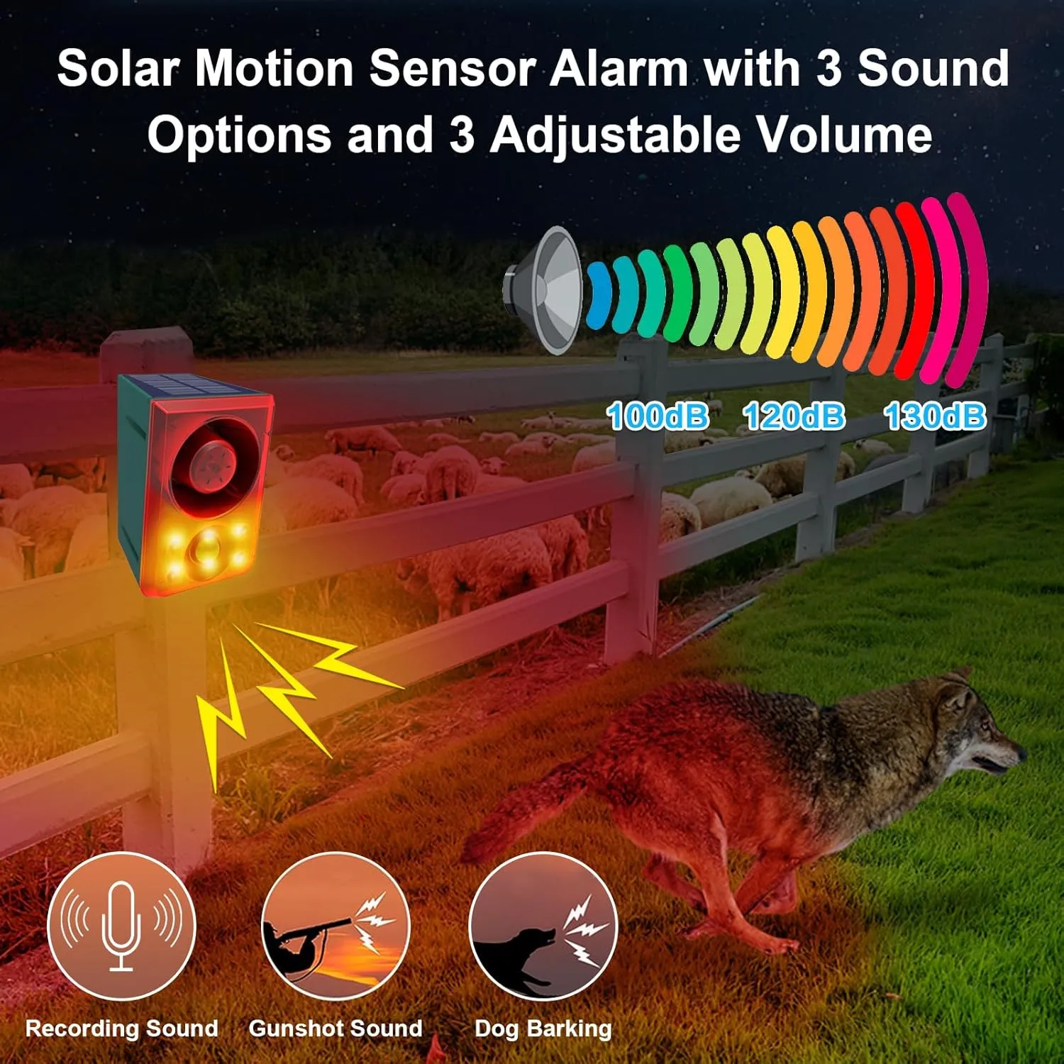 ChunHee Solar Outdoor Motion Sensor Alarm Dog Barking Alarm Motion Detector 130db Loud Noise Maker/Recording and Adjustable Volume/6 Red Motion Activated Strobe Light for Home/Garden/Yard/Farm-2 Pack