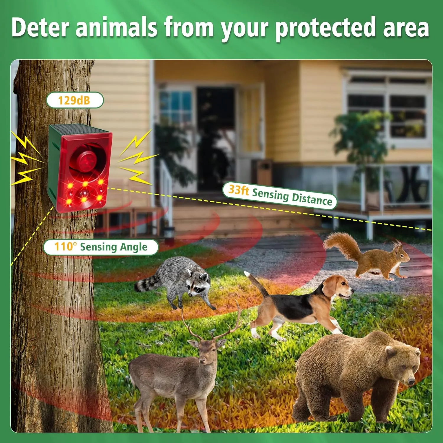 ChunHee Solar Outdoor Motion Sensor Alarm Dog Barking Alarm Motion Detector 130db Loud Noise Maker/Recording and Adjustable Volume/6 Red Motion Activated Strobe Light for Home/Garden/Yard/Farm-2 Pack