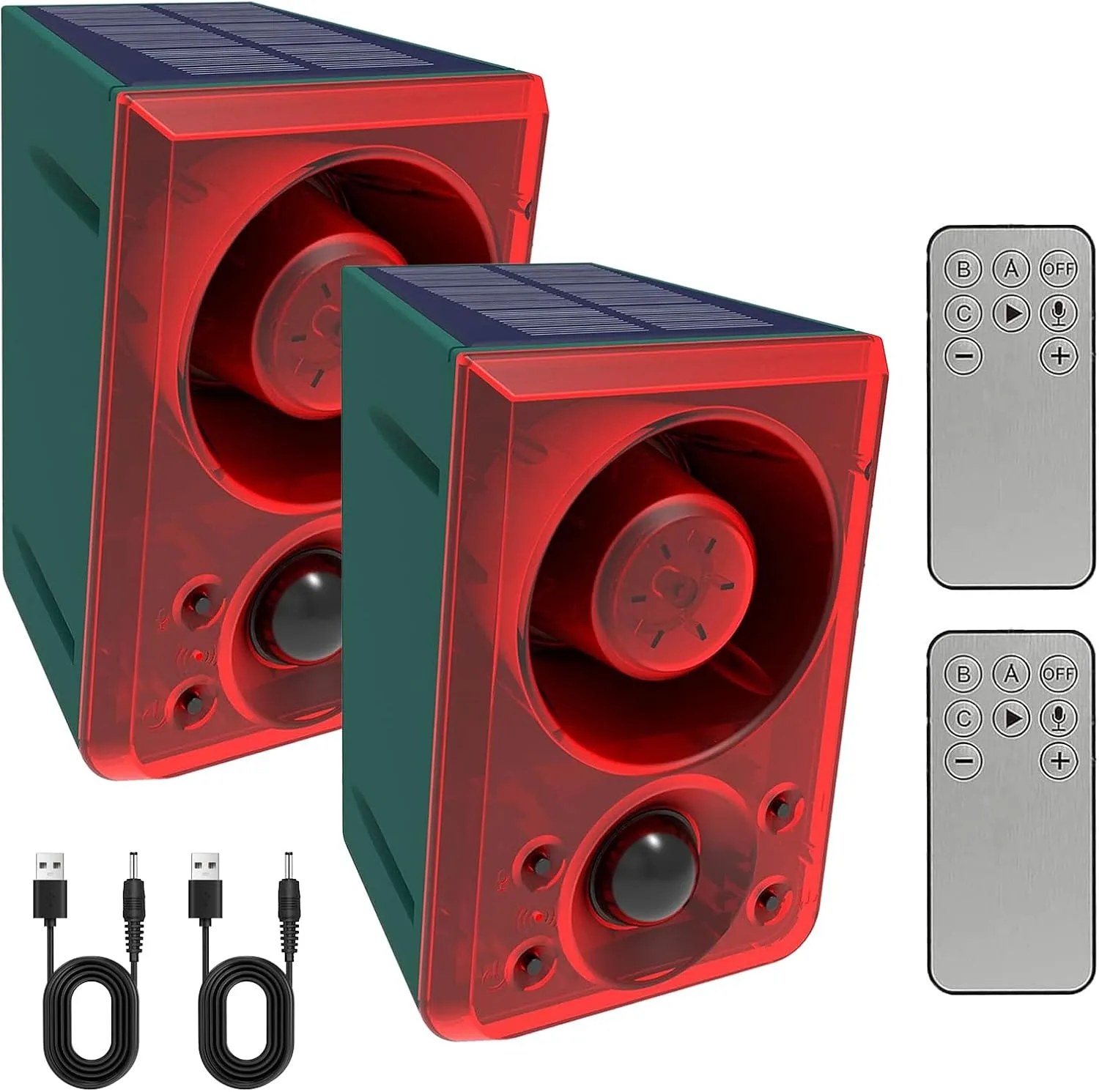 ChunHee Solar Outdoor Motion Sensor Alarm Dog Barking Alarm Motion Detector 130db Loud Noise Maker/Recording and Adjustable Volume/6 Red Motion Activated Strobe Light for Home/Garden/Yard/Farm-2 Pack