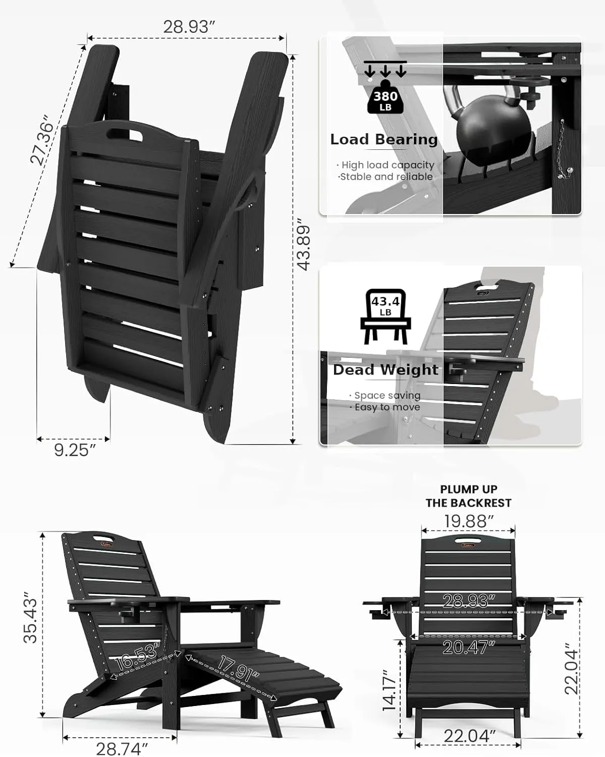 Ciokea Folding Adirondack Chair with Retractable Ottoman Fire Pit Patio Chair with Pull Out Foot Rest Weather Resistant Lawn Outdoor Lounge Chair with 2 Cup Holder (Black)
