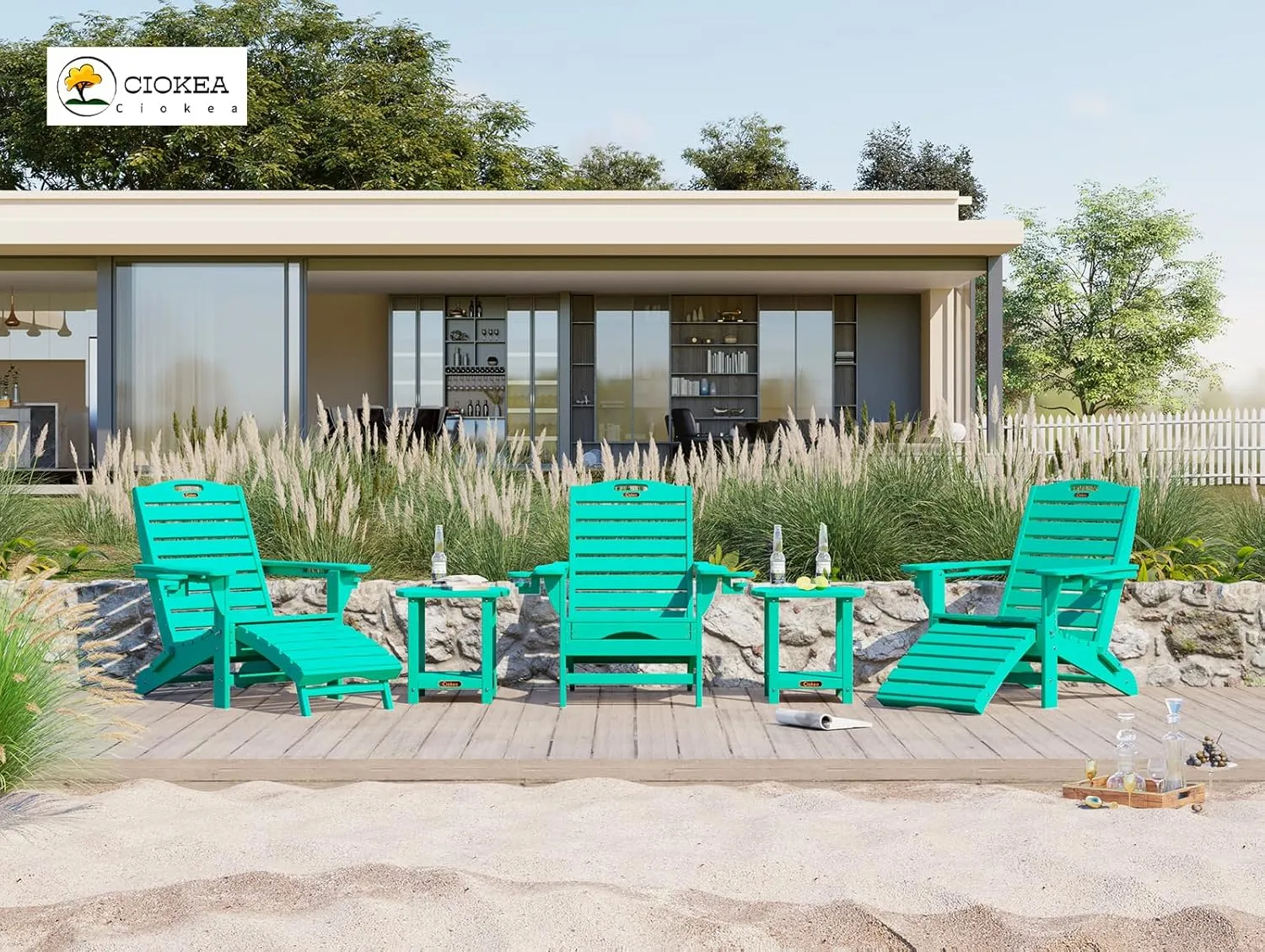 Ciokea Folding Adirondack Chair with Retractable Ottoman Fire Pit Patio Chair with Pull Out Foot Rest Weather Resistant Lawn Outdoor Lounge Chair with 2 Cup Holder (Lake Blue)