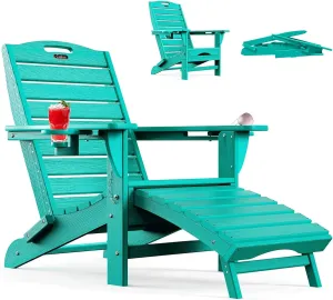 Ciokea Folding Adirondack Chair with Retractable Ottoman Fire Pit Patio Chair with Pull Out Foot Rest Weather Resistant Lawn Outdoor Lounge Chair with 2 Cup Holder (Lake Blue)