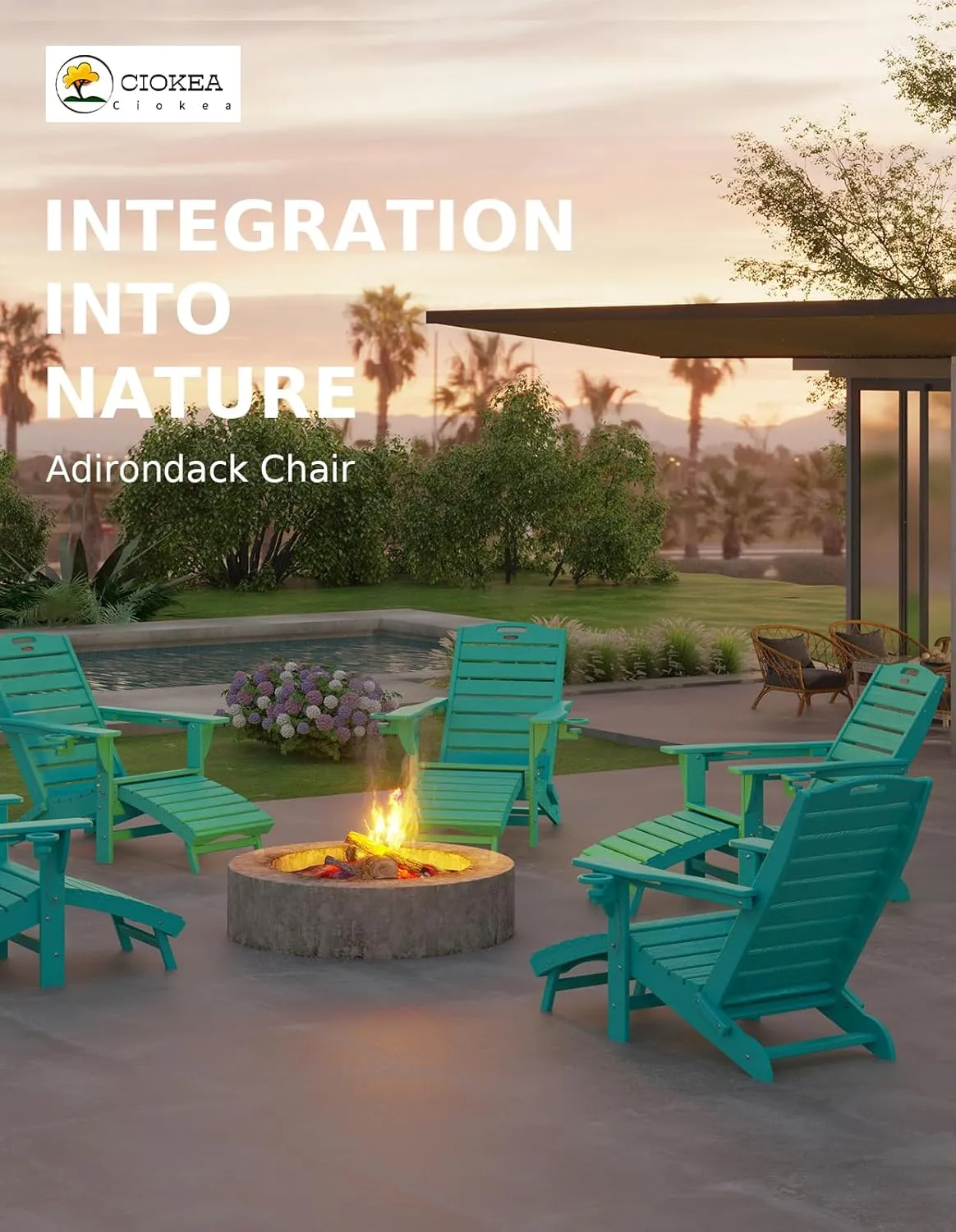 Ciokea Folding Adirondack Chair with Retractable Ottoman Fire Pit Patio Chair with Pull Out Foot Rest Weather Resistant Lawn Outdoor Lounge Chair with 2 Cup Holder (Lake Blue)