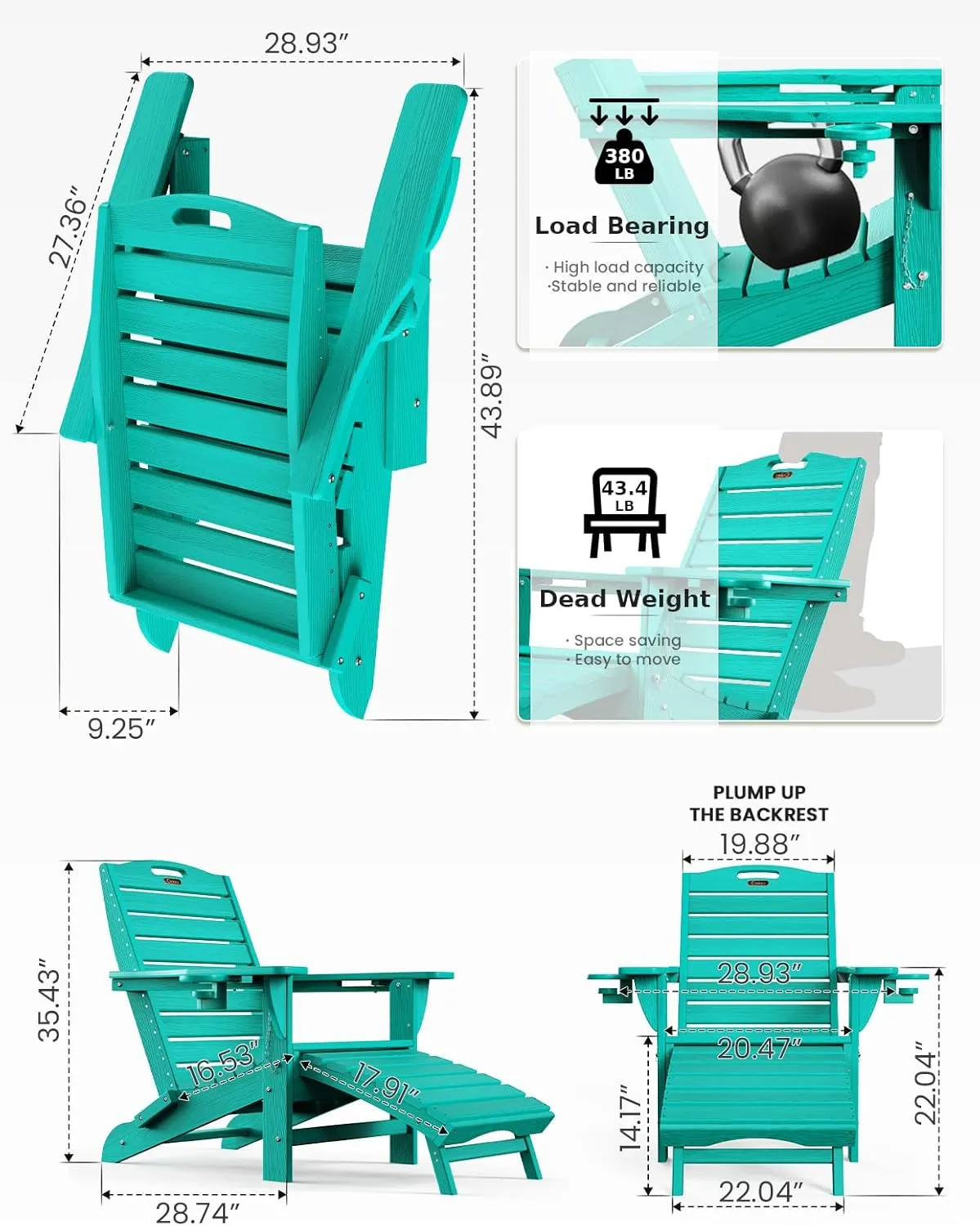 Ciokea Folding Adirondack Chair with Retractable Ottoman Fire Pit Patio Chair with Pull Out Foot Rest Weather Resistant Lawn Outdoor Lounge Chair with 2 Cup Holder (Lake Blue)