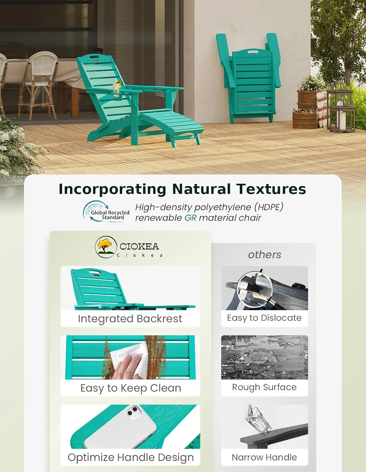 Ciokea Folding Adirondack Chair with Retractable Ottoman Fire Pit Patio Chair with Pull Out Foot Rest Weather Resistant Lawn Outdoor Lounge Chair with 2 Cup Holder (Lake Blue)