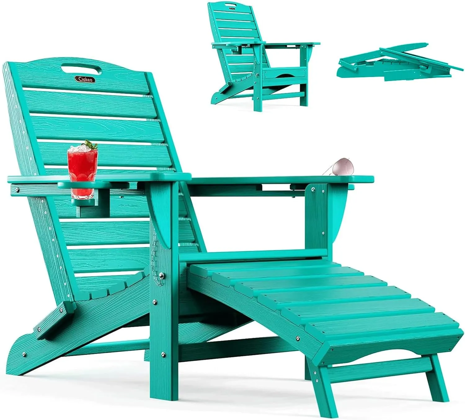 Ciokea Folding Adirondack Chair with Retractable Ottoman Fire Pit Patio Chair with Pull Out Foot Rest Weather Resistant Lawn Outdoor Lounge Chair with 2 Cup Holder (Lake Blue)