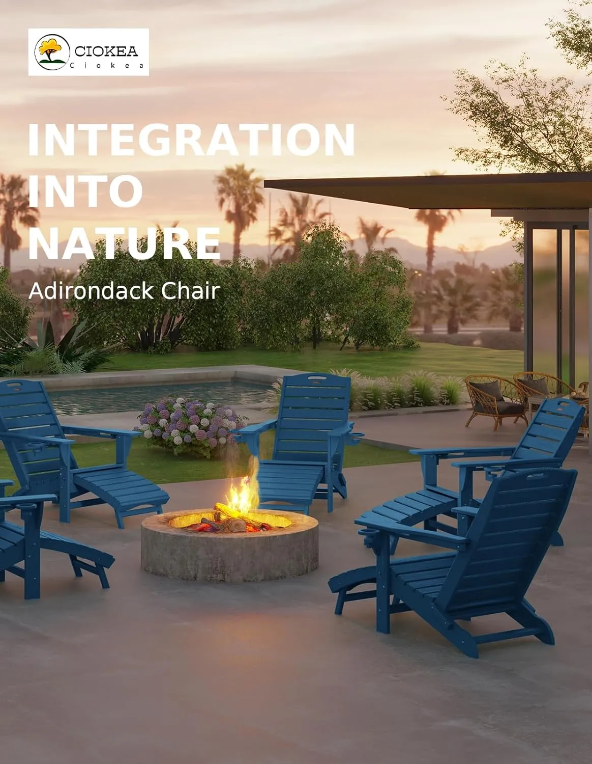 Ciokea Folding Adirondack Chair with Retractable Ottoman Fire Pit Patio Chair with Pull Out Foot Rest Weather Resistant Lawn Outdoor Lounge Chair with 2 Cup Holder (Navy Blue)