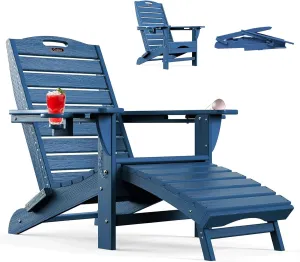 Ciokea Folding Adirondack Chair with Retractable Ottoman Fire Pit Patio Chair with Pull Out Foot Rest Weather Resistant Lawn Outdoor Lounge Chair with 2 Cup Holder (Navy Blue)