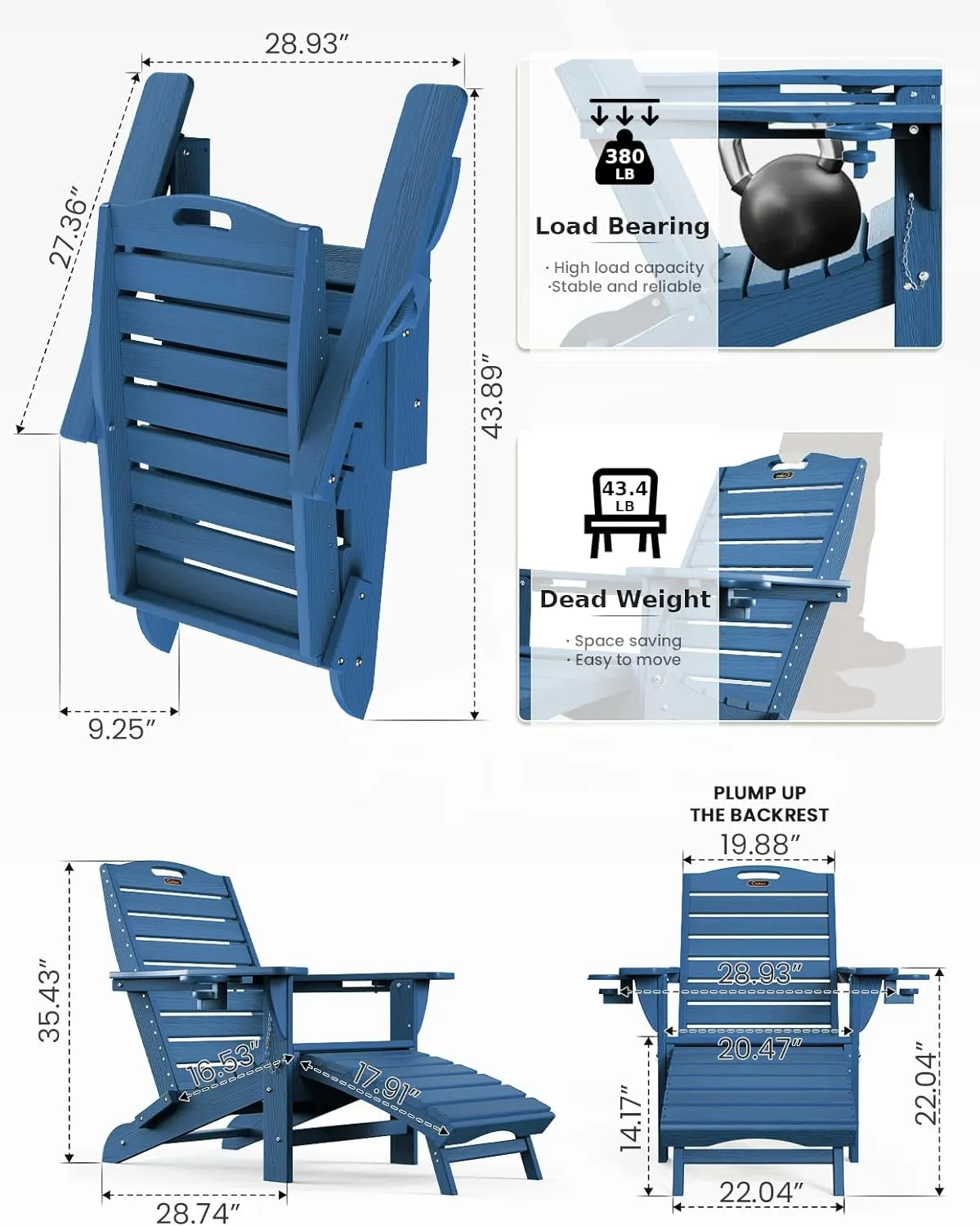 Ciokea Folding Adirondack Chair with Retractable Ottoman Fire Pit Patio Chair with Pull Out Foot Rest Weather Resistant Lawn Outdoor Lounge Chair with 2 Cup Holder (Navy Blue)