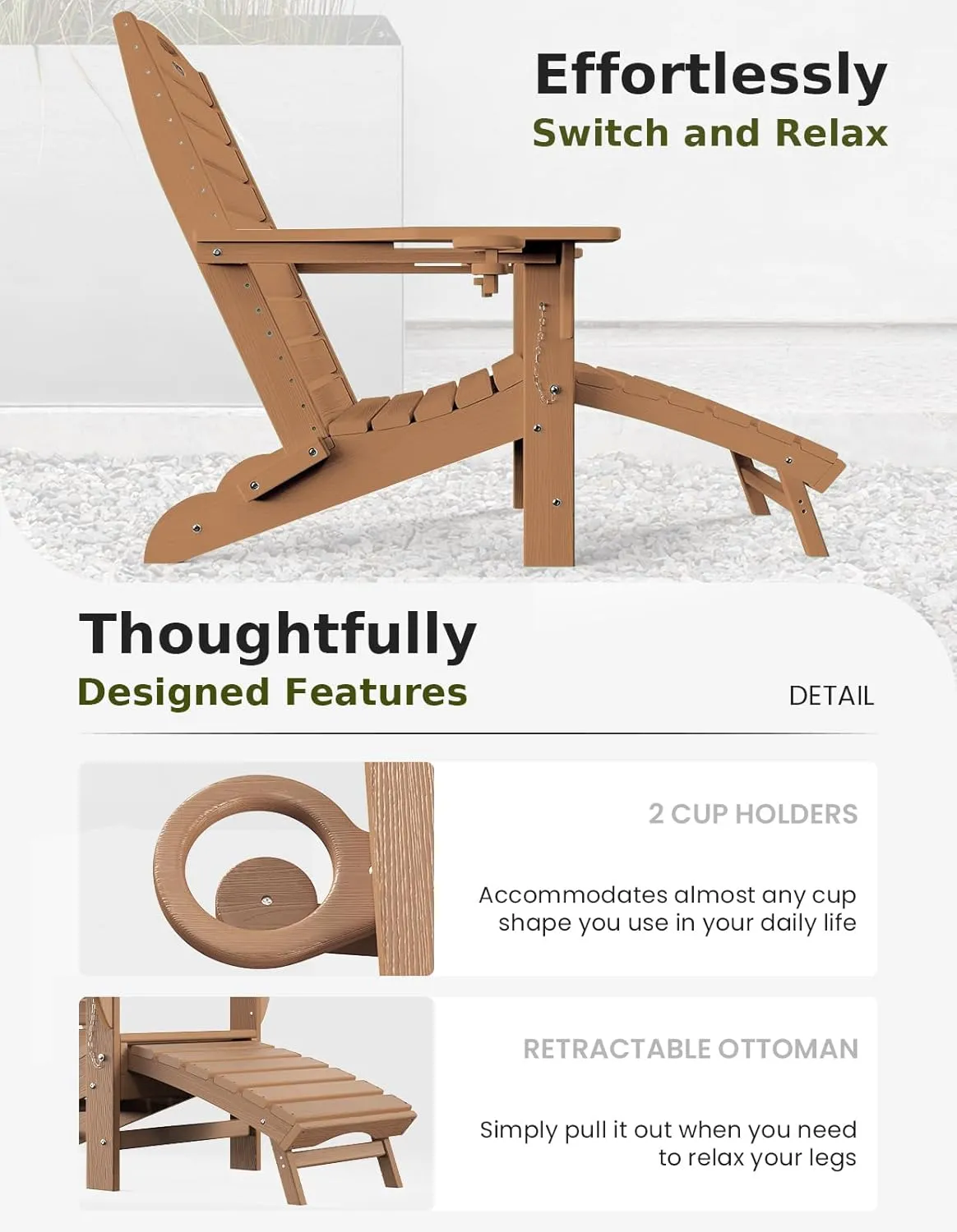 Ciokea Folding Adirondack Chair with Retractable Ottoman Fire Pit Patio Chair with Pull Out Foot Rest Weather Resistant Lawn Outdoor Lounge Chair with 2 Cup Holder (Teak)