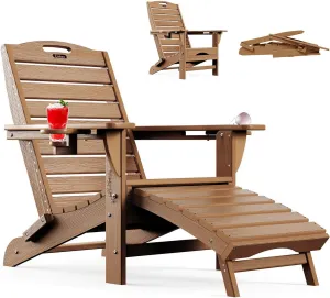 Ciokea Folding Adirondack Chair with Retractable Ottoman Fire Pit Patio Chair with Pull Out Foot Rest Weather Resistant Lawn Outdoor Lounge Chair with 2 Cup Holder (Teak)
