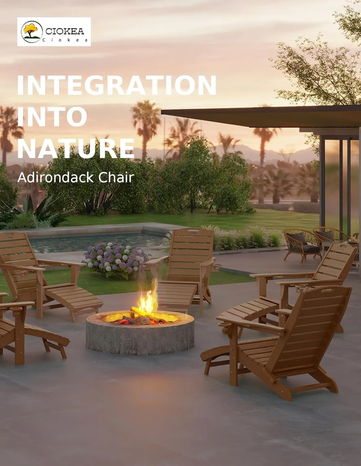 Ciokea Folding Adirondack Chair with Retractable Ottoman Fire Pit Patio Chair with Pull Out Foot Rest Weather Resistant Lawn Outdoor Lounge Chair with 2 Cup Holder (Teak)