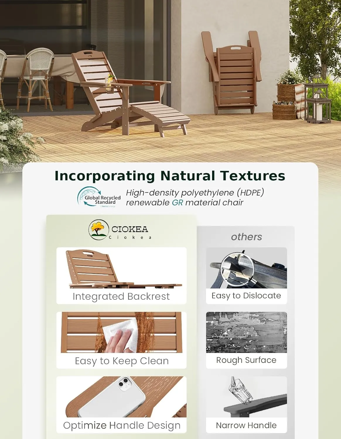 Ciokea Folding Adirondack Chair with Retractable Ottoman Fire Pit Patio Chair with Pull Out Foot Rest Weather Resistant Lawn Outdoor Lounge Chair with 2 Cup Holder (Teak)