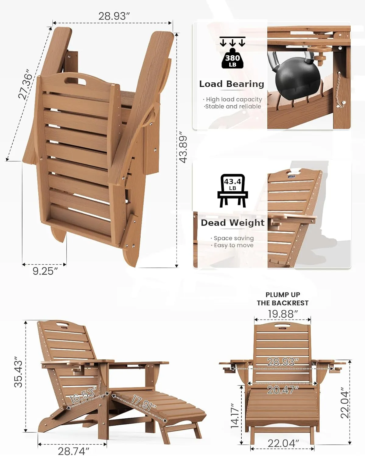 Ciokea Folding Adirondack Chair with Retractable Ottoman Fire Pit Patio Chair with Pull Out Foot Rest Weather Resistant Lawn Outdoor Lounge Chair with 2 Cup Holder (Teak)