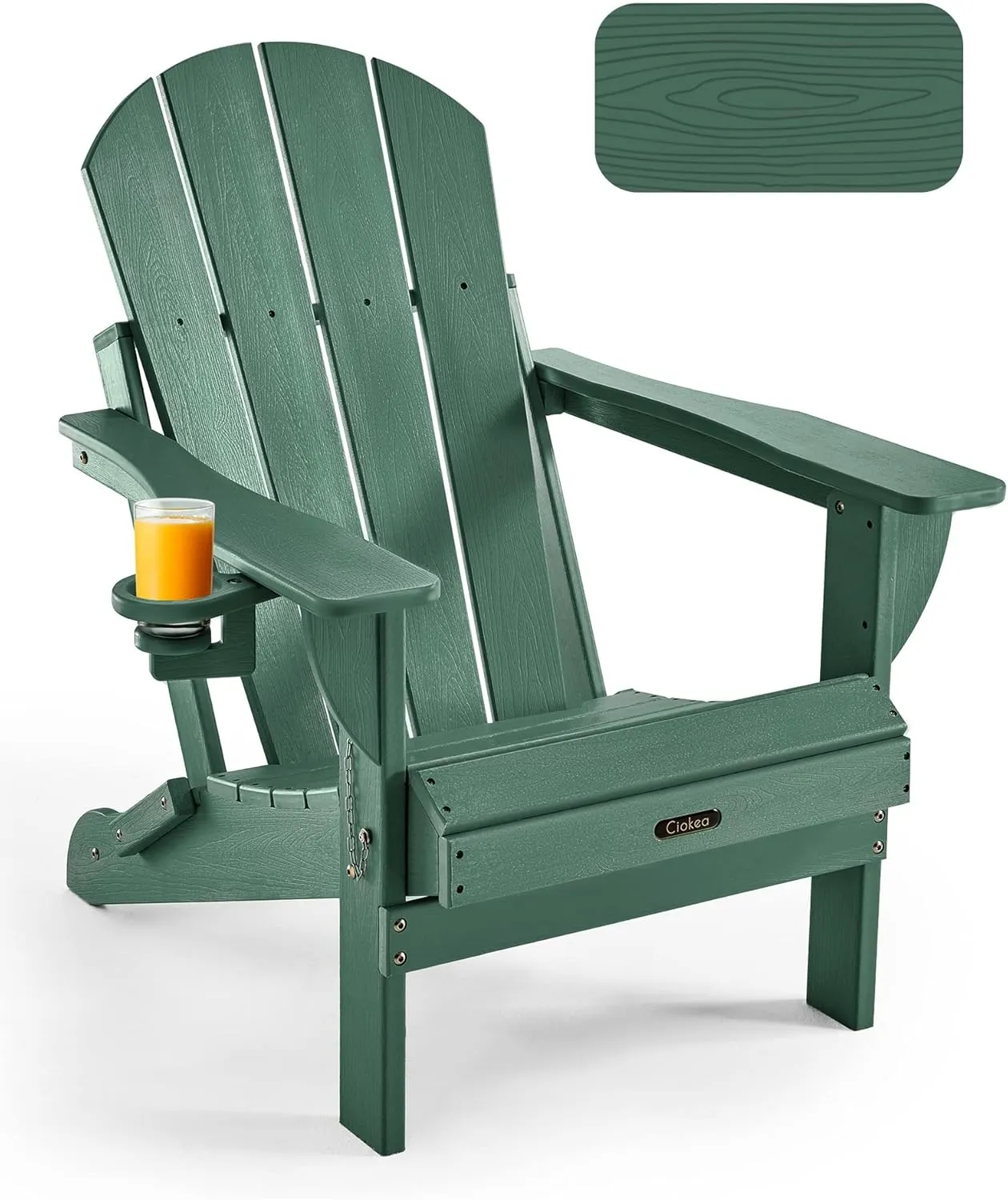 Ciokea Folding Adirondack Chair Wood Texture, Patio Adirondack Chair Weather Resistant, Plastic Fire Pit Chair with Cup Holder, Lawn Chair for Outdoor Porch Garden Backyard Deck (Green)