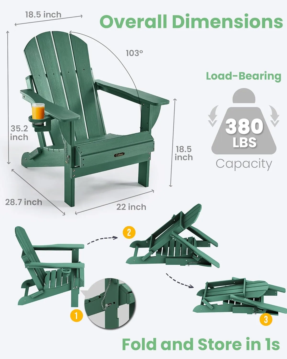 Ciokea Folding Adirondack Chair Wood Texture, Patio Adirondack Chair Weather Resistant, Plastic Fire Pit Chair with Cup Holder, Lawn Chair for Outdoor Porch Garden Backyard Deck (Green)
