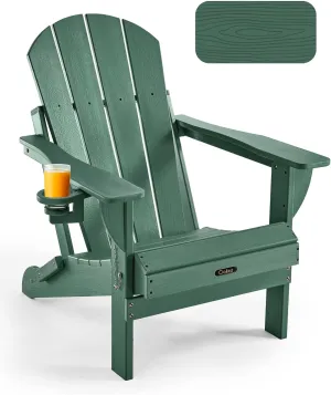 Ciokea Folding Adirondack Chair Wood Texture, Patio Adirondack Chair Weather Resistant, Plastic Fire Pit Chair with Cup Holder, Lawn Chair for Outdoor Porch Garden Backyard Deck (Green)