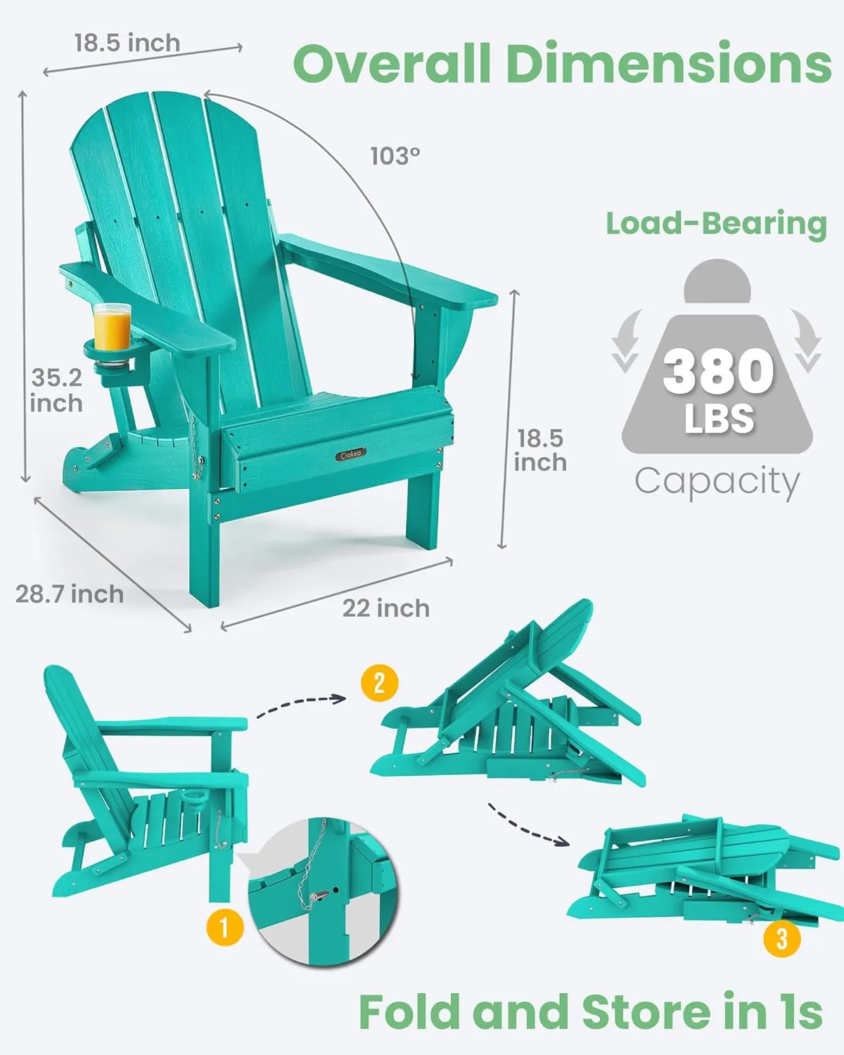 Ciokea Folding Adirondack Chair Wood Texture, Patio Adirondack Chair Weather Resistant, Plastic Fire Pit Chair with Cup Holder, Lawn Chair for Outdoor Porch Garden Backyard Deck (Lake Blue)