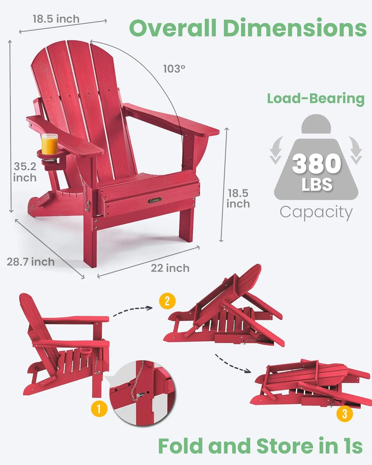 Ciokea Folding Adirondack Chair Wood Texture, Patio Adirondack Chair Weather Resistant, Plastic Fire Pit Chair with Cup Holder, Lawn Chair for Outdoor Porch Garden Backyard Deck (Red)