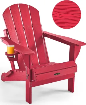 Ciokea Folding Adirondack Chair Wood Texture, Patio Adirondack Chair Weather Resistant, Plastic Fire Pit Chair with Cup Holder, Lawn Chair for Outdoor Porch Garden Backyard Deck (Red)