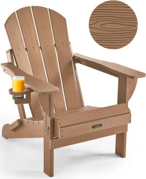 Ciokea Folding Adirondack Chair Wood Texture, Patio Adirondack Chair Weather Resistant, Plastic Fire Pit Chair with Cup Holder, Lawn Chair for Outdoor Porch Garden Backyard Deck (Teak)