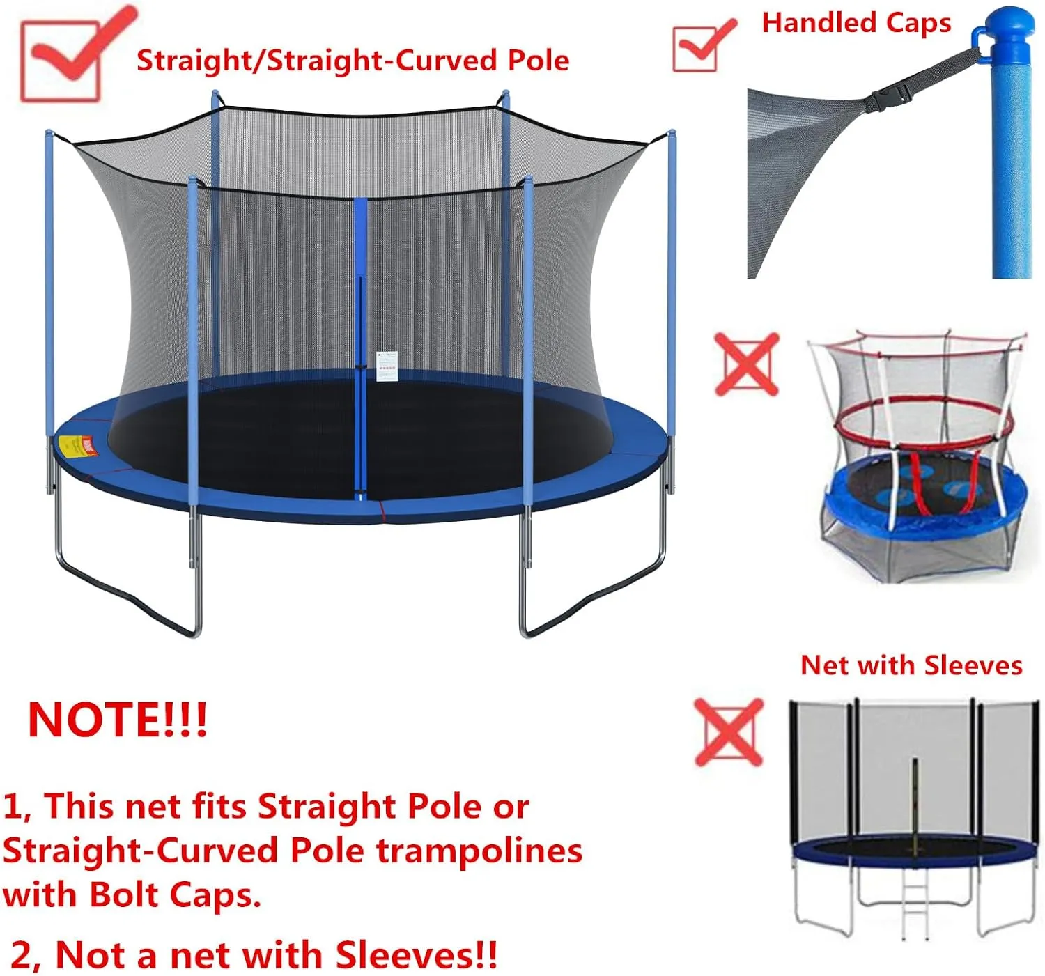 Cliselda Trampoline Replacement Safety Net for 6 Straight Poles Round Frame Trampolines, Breathable and Weather-Resistant, with Adjustable Straps, Zippers, Protection Buckles(Net Only)