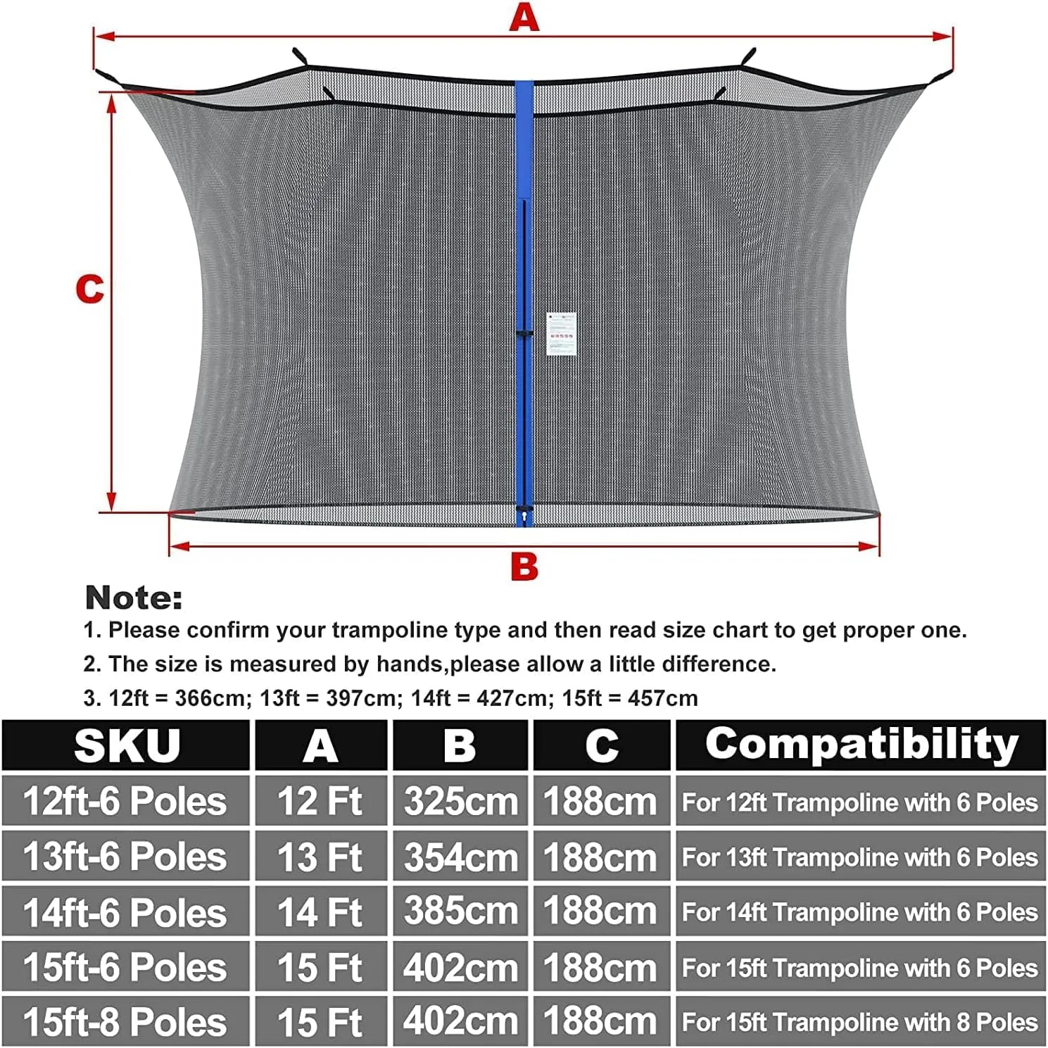 Cliselda Trampoline Replacement Safety Net for 6 Straight Poles Round Frame Trampolines, Breathable and Weather-Resistant, with Adjustable Straps, Zippers, Protection Buckles(Net Only)