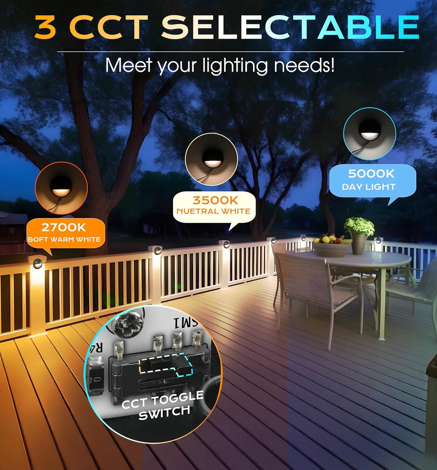 CLOUDY BAY [6 Pack] 3CCT Low Voltage LED Deck Lights Outdoor,2700K/3500K/5000K Selectable,Landscape Step Stair Railing Fence Light Wired,3W,12V-24V AC/DC Deck Lighting Fixtures