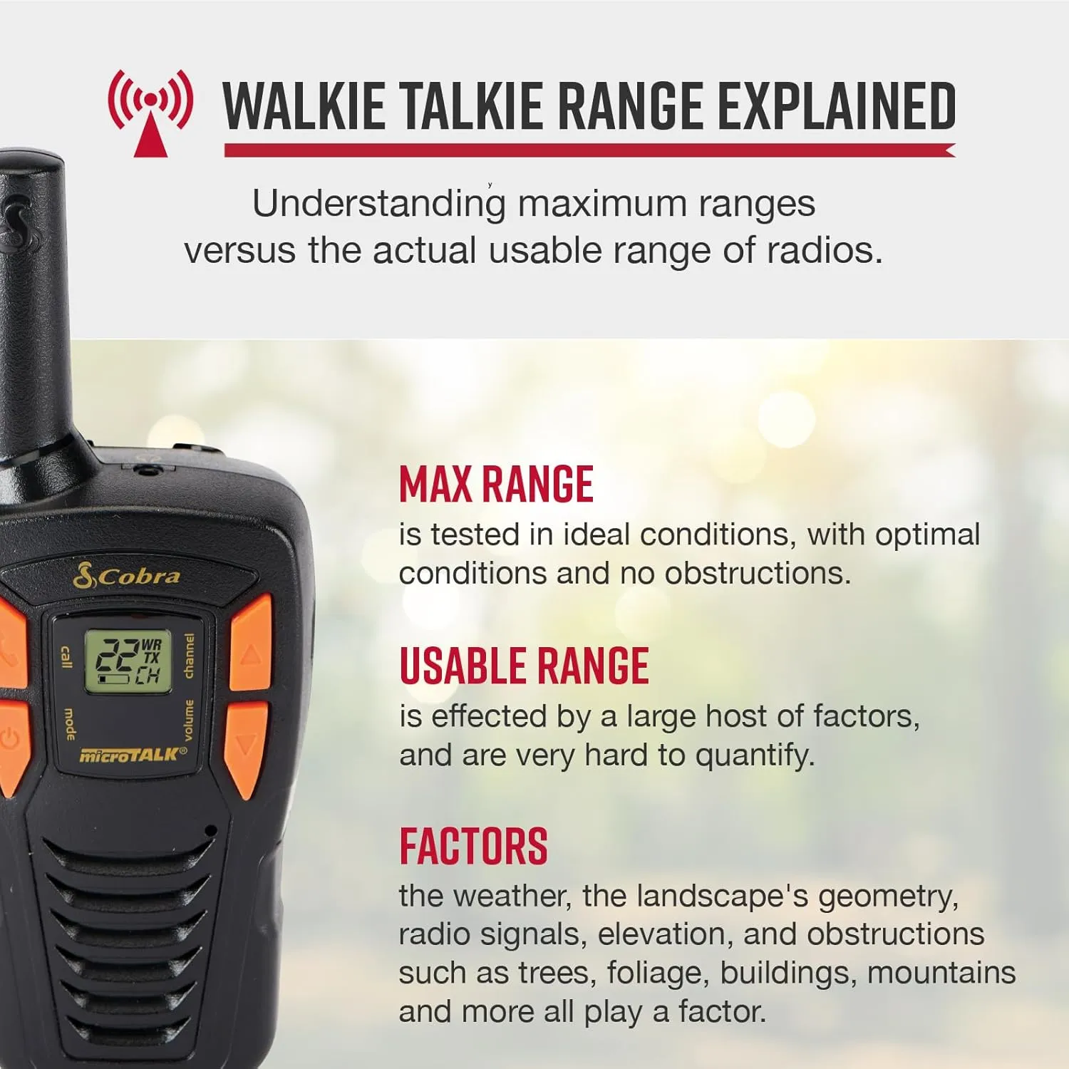 Cobra ACXT145-3 Compact Walkie Talkies - Rechargeable, Lightweight, 22 Channels, Long Range 16-Mile Two-Way Radio Set (3-Pack), Black