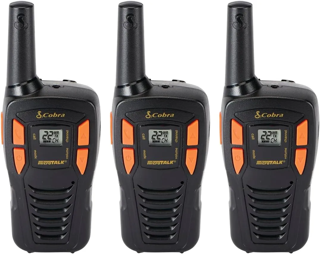 Cobra ACXT145-3 Compact Walkie Talkies - Rechargeable, Lightweight, 22 Channels, Long Range 16-Mile Two-Way Radio Set (3-Pack), Black